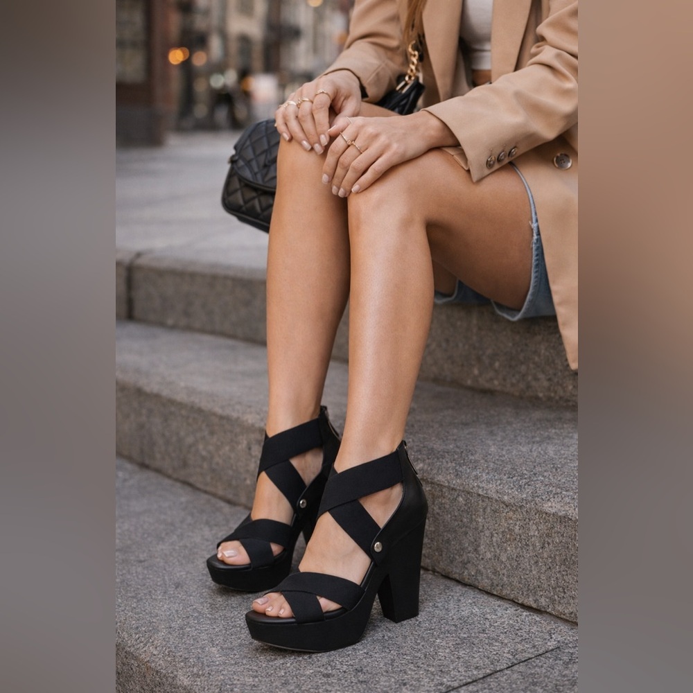 Sirrah by GUESS Black Platform Peep Toe Heels | Block Heel Sandals | 8.5 | NIB
